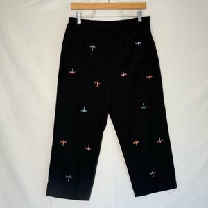Black Pants with Colorful Dragonfly Embroidery